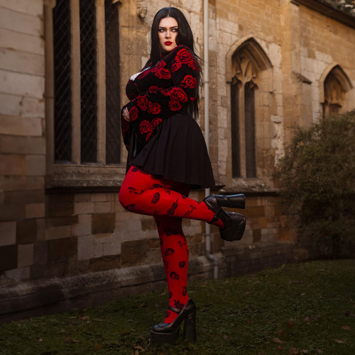 80 Denier Opaque Tights - Danu Skull Flower - Blood Red