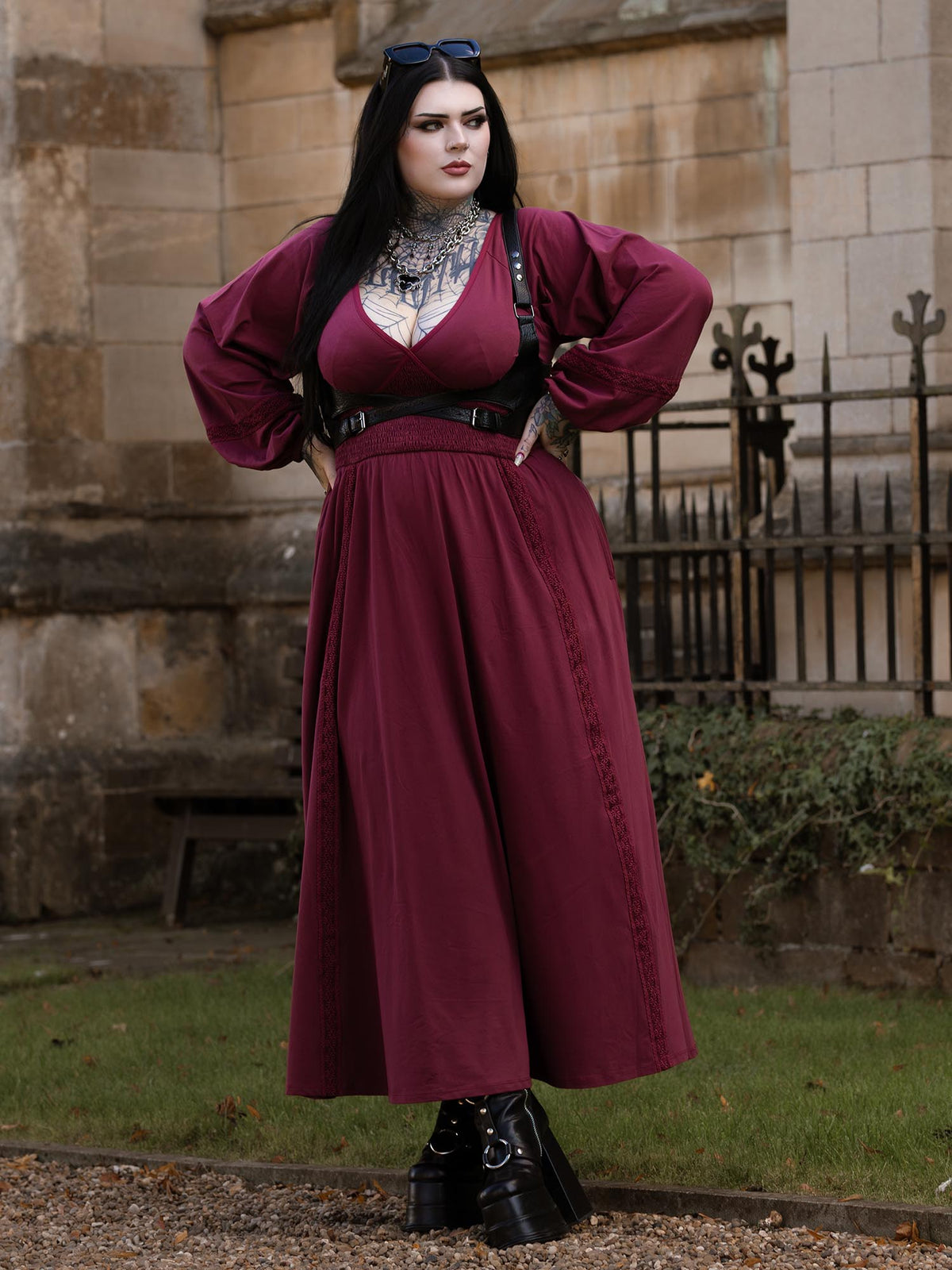 Skye Balloon Sleeve Lace Trim Dress - Burgundy