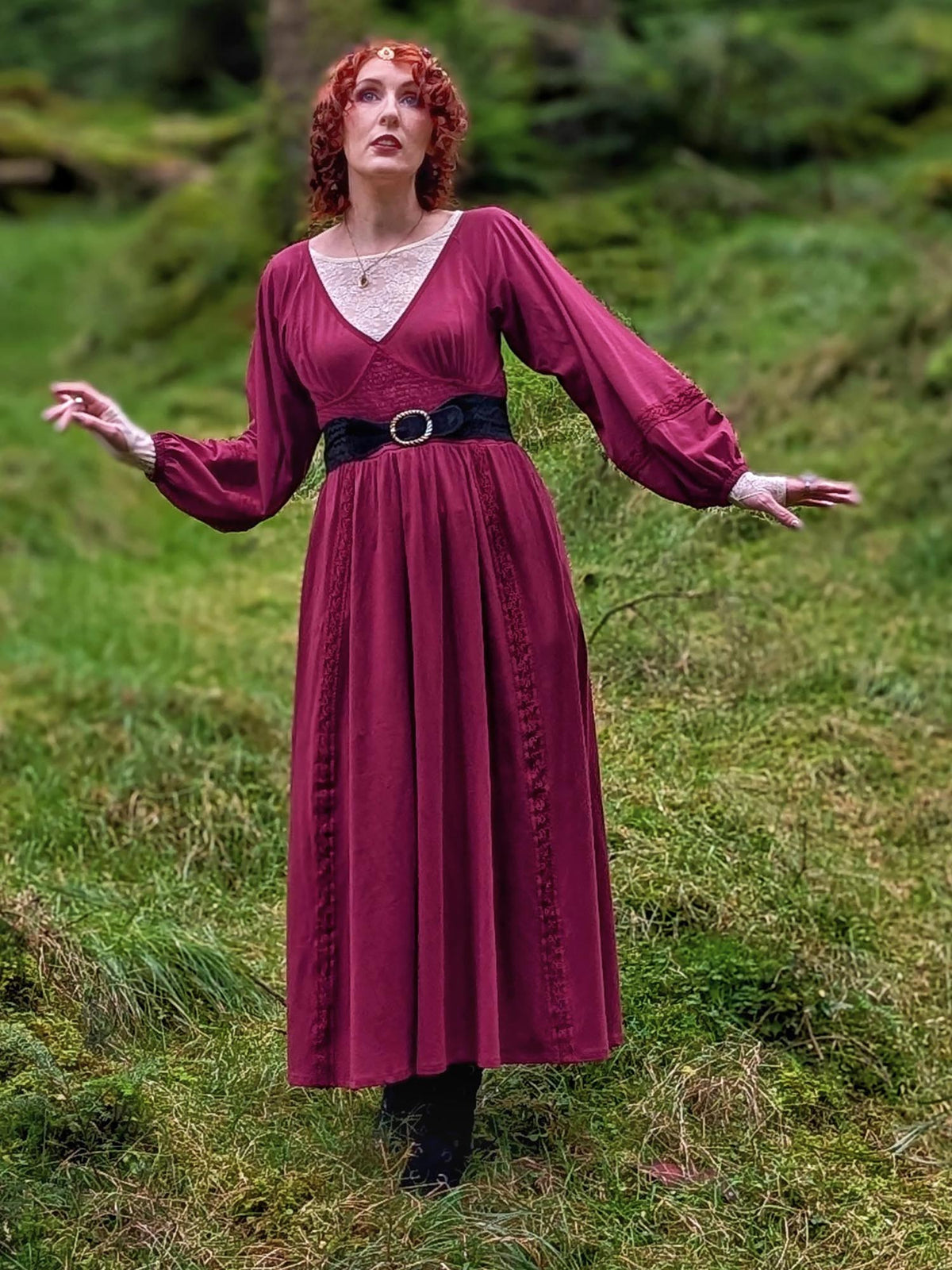 Skye Balloon Sleeve Lace Trim Dress - Burgundy