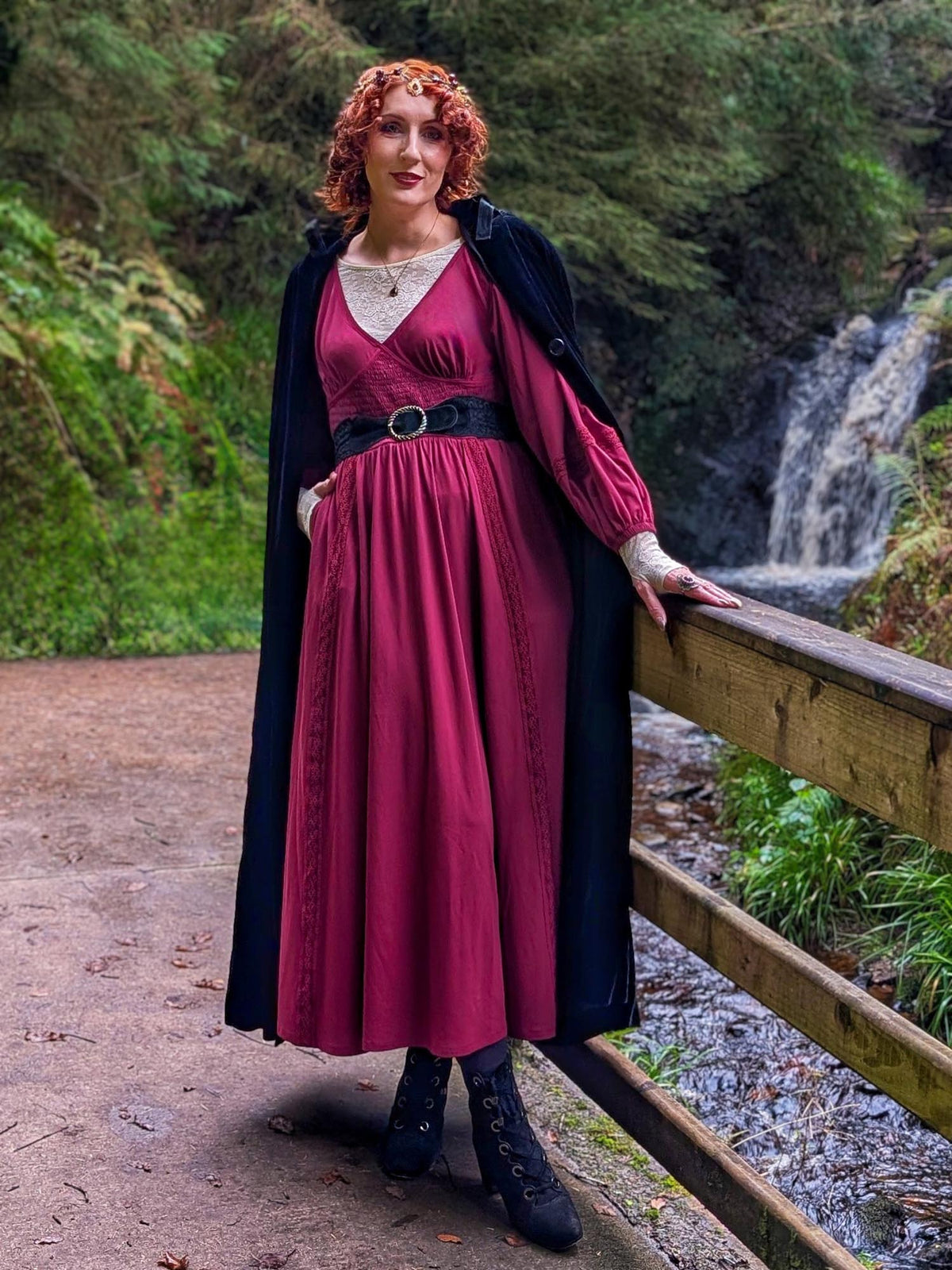 Skye Balloon Sleeve Lace Trim Dress - Burgundy