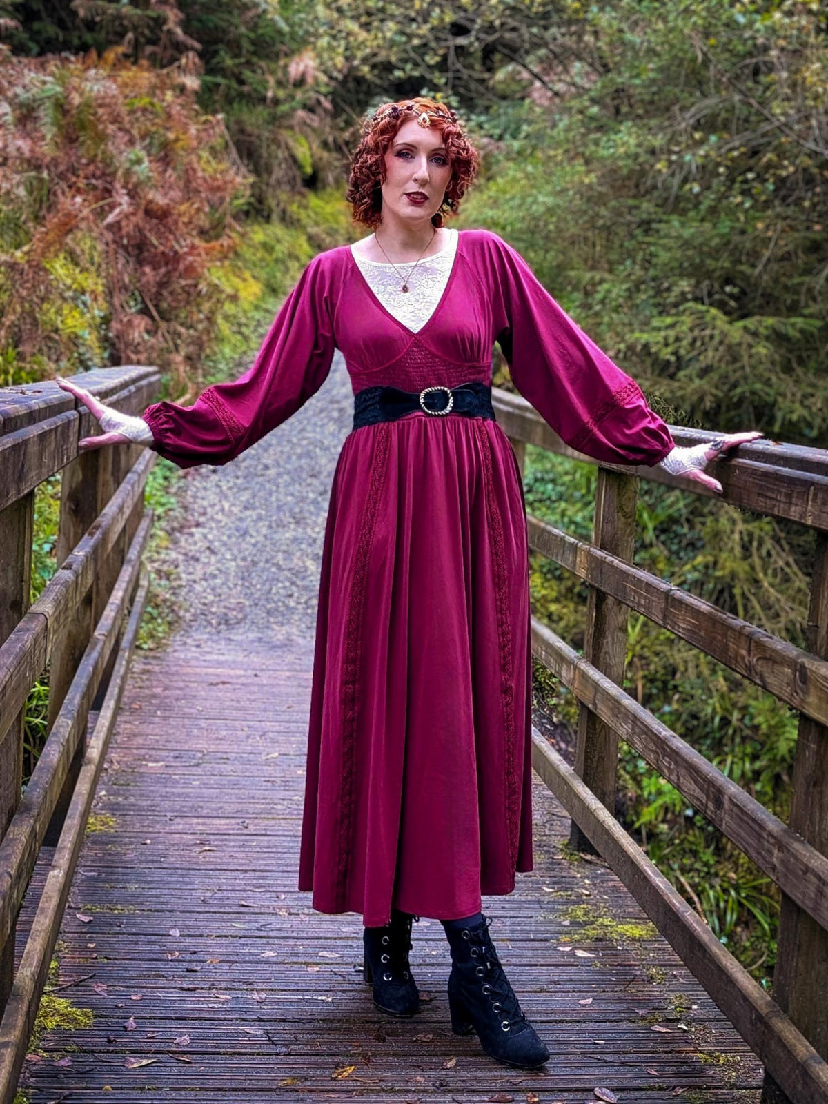 Skye Balloon Sleeve Lace Trim Dress - Burgundy