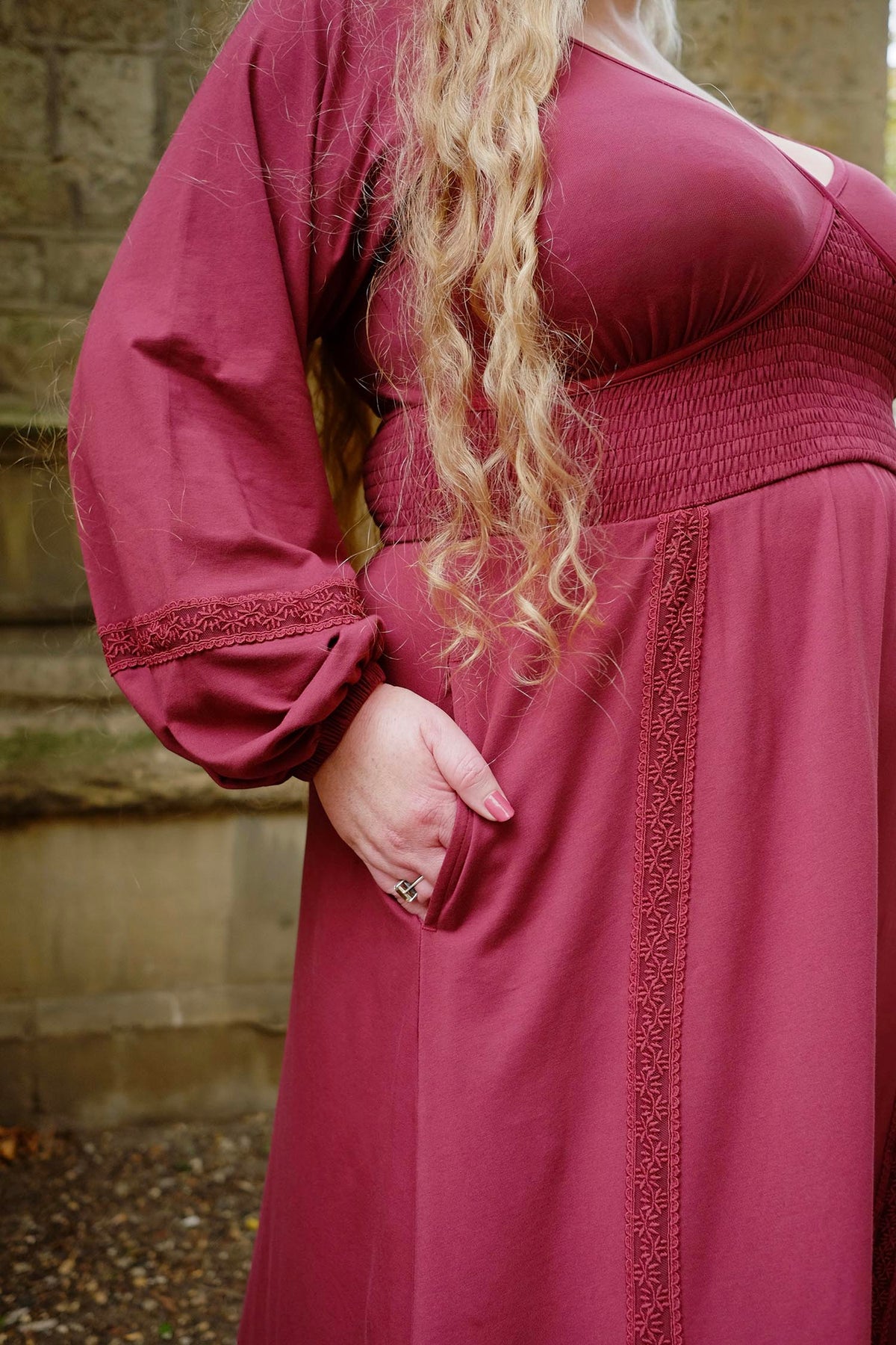 Skye Balloon Sleeve Lace Trim Dress - Burgundy