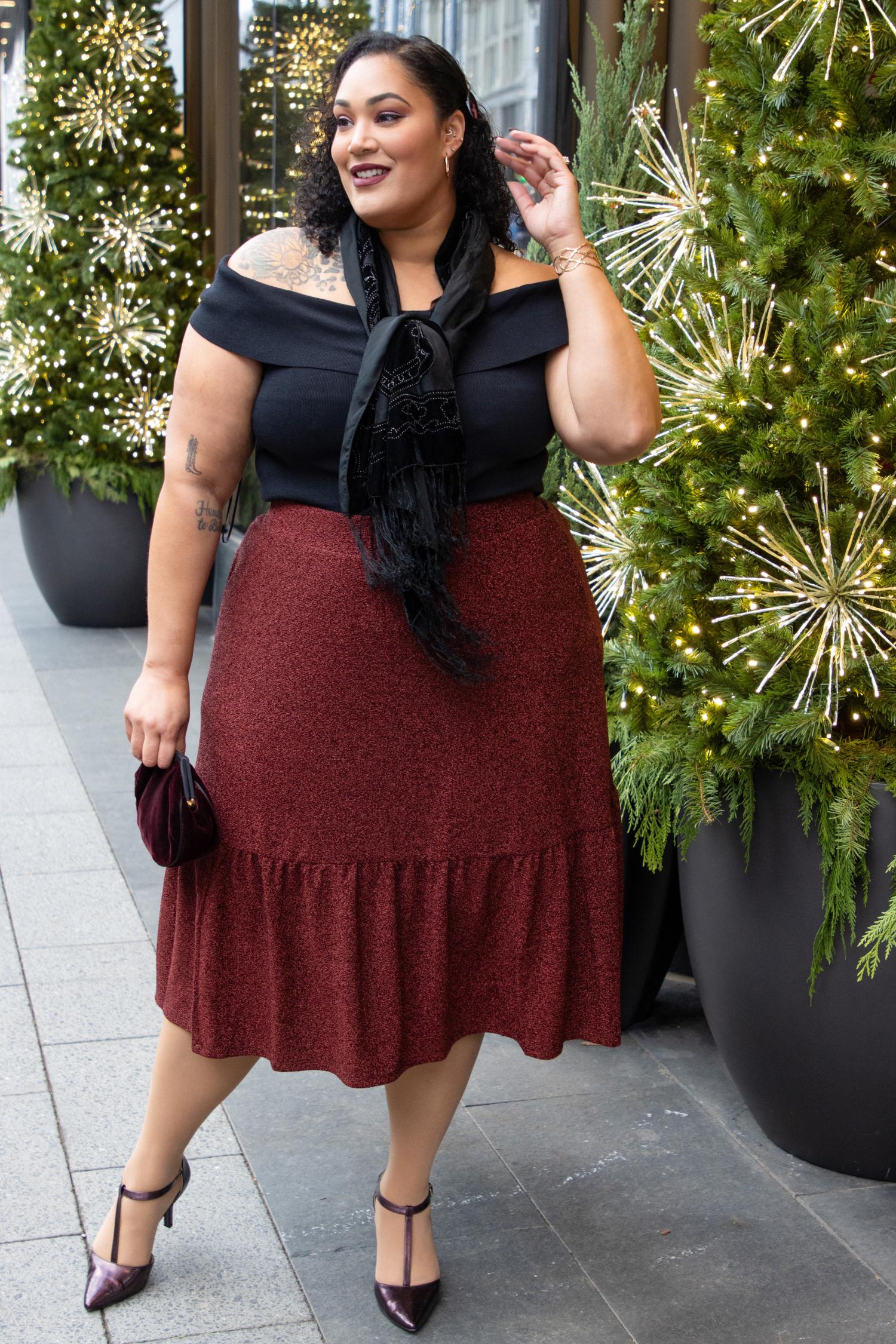 Lurex Tiered Midi Skirt - Bordeaux