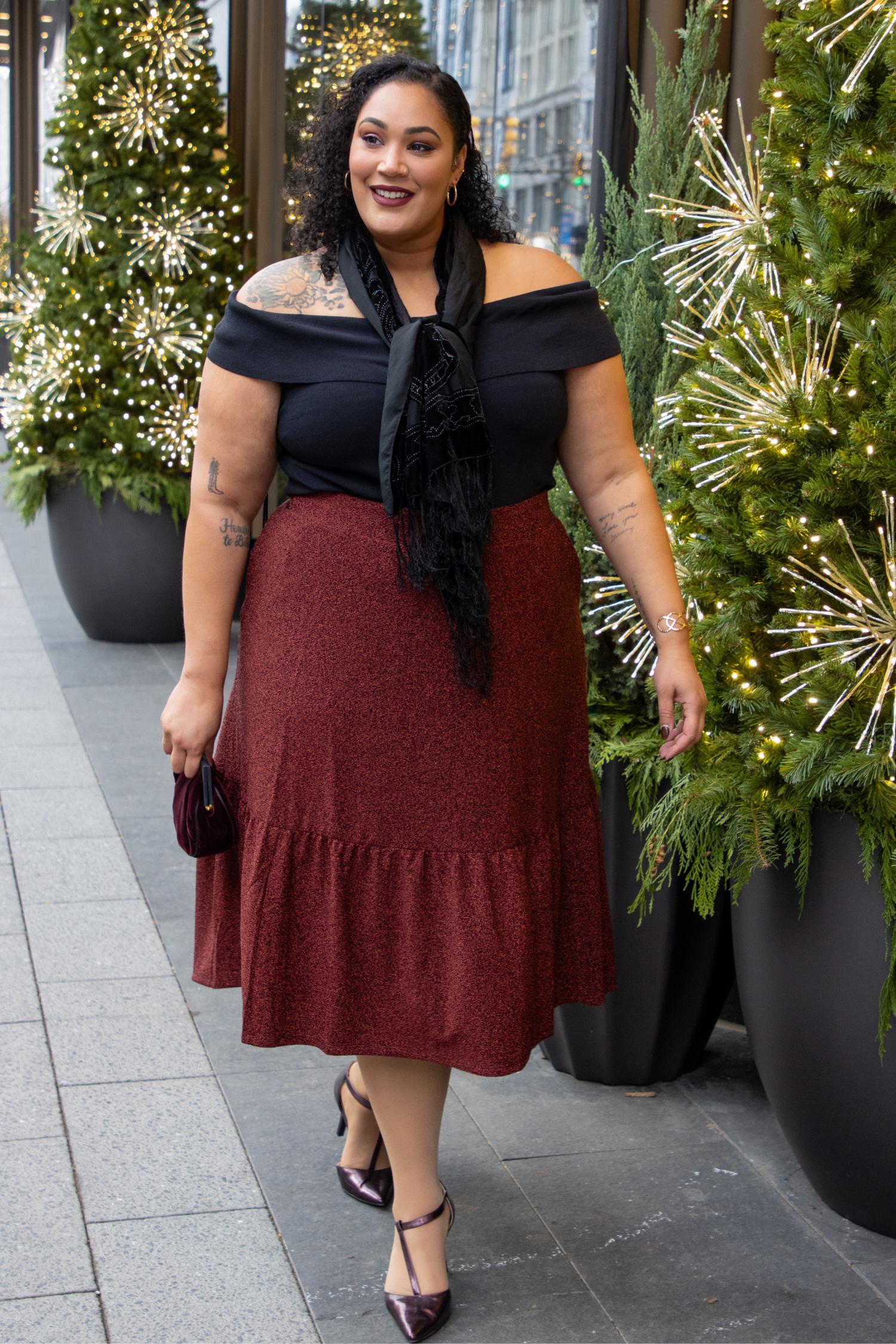 Lurex Tiered Midi Skirt - Bordeaux