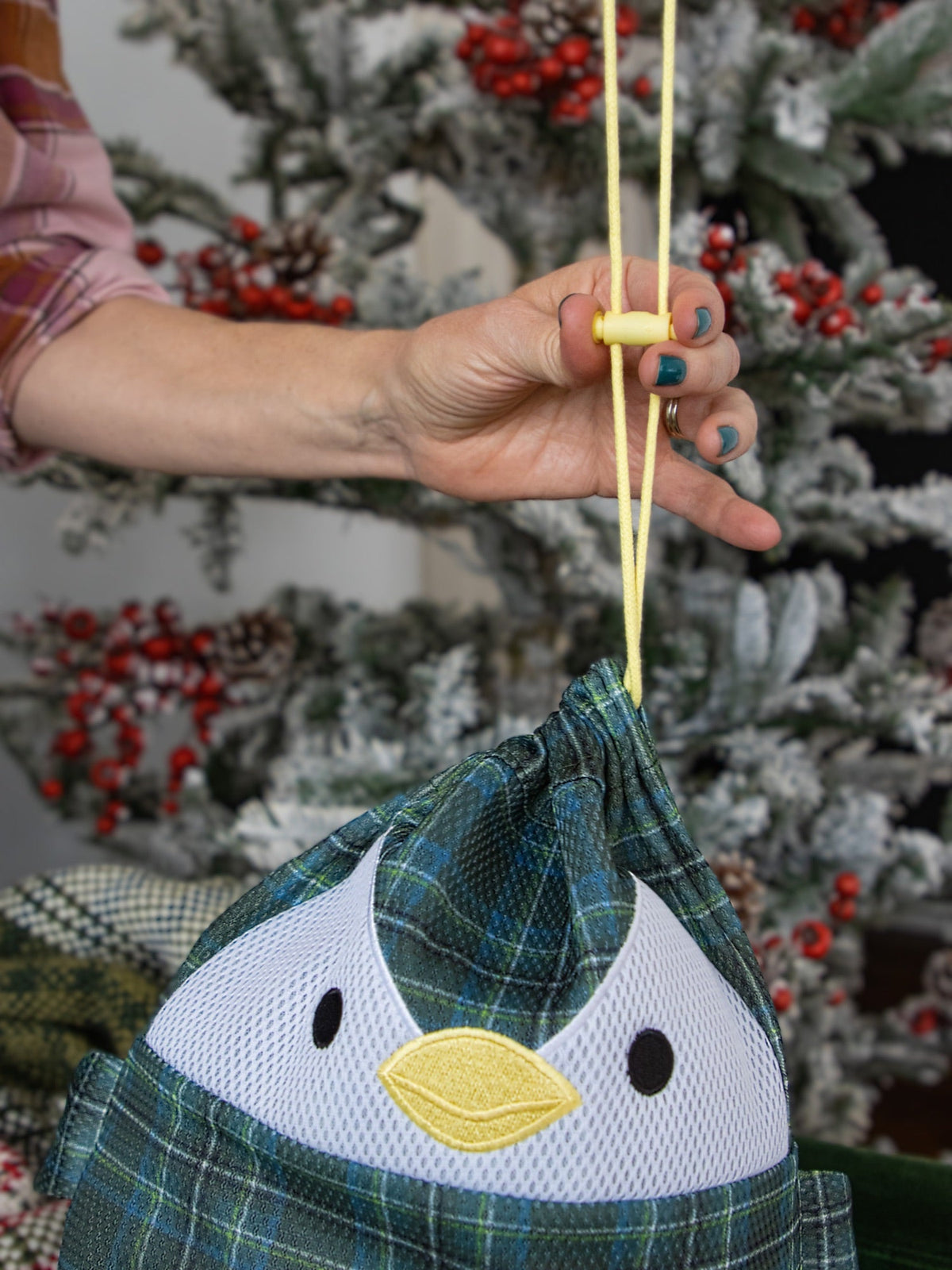 Scotch hanging by its yellow drawstring by a frosted Christmas tree