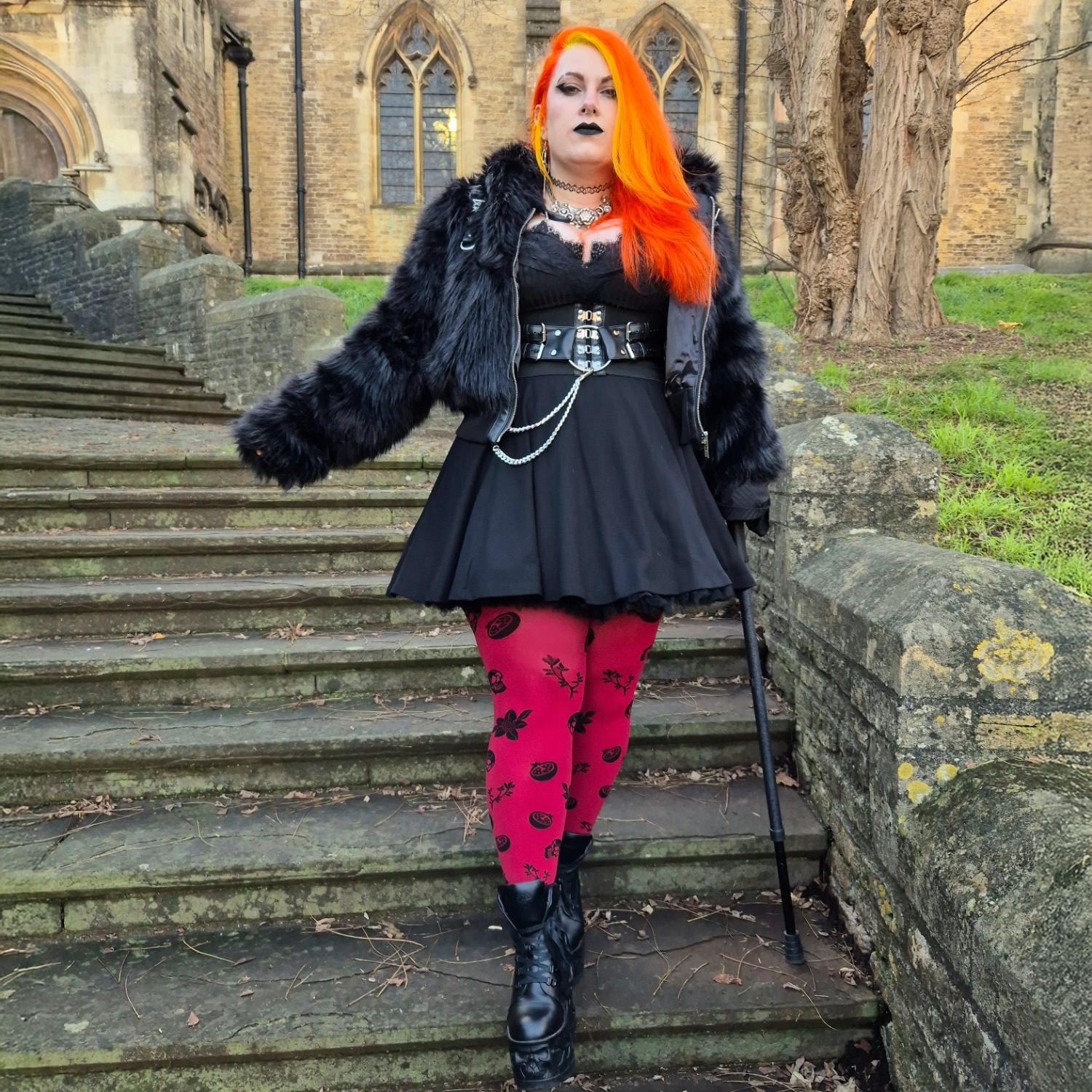 80 Denier Opaque Tights - Danu Skull Flower - Blood Red