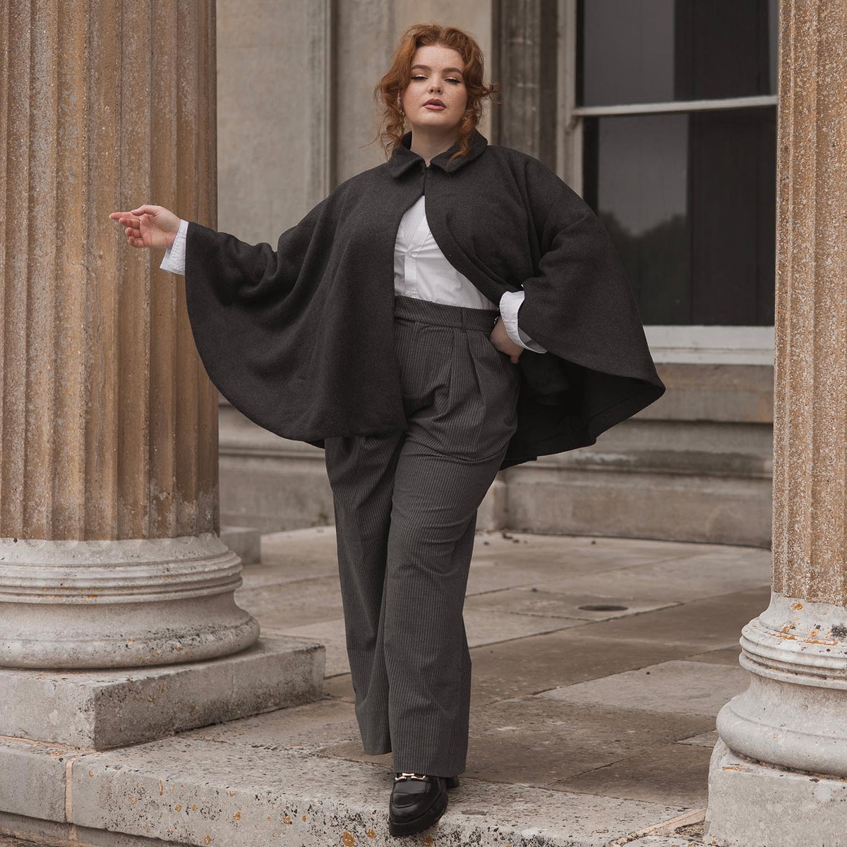 Wool Collared Cape - Charcoal