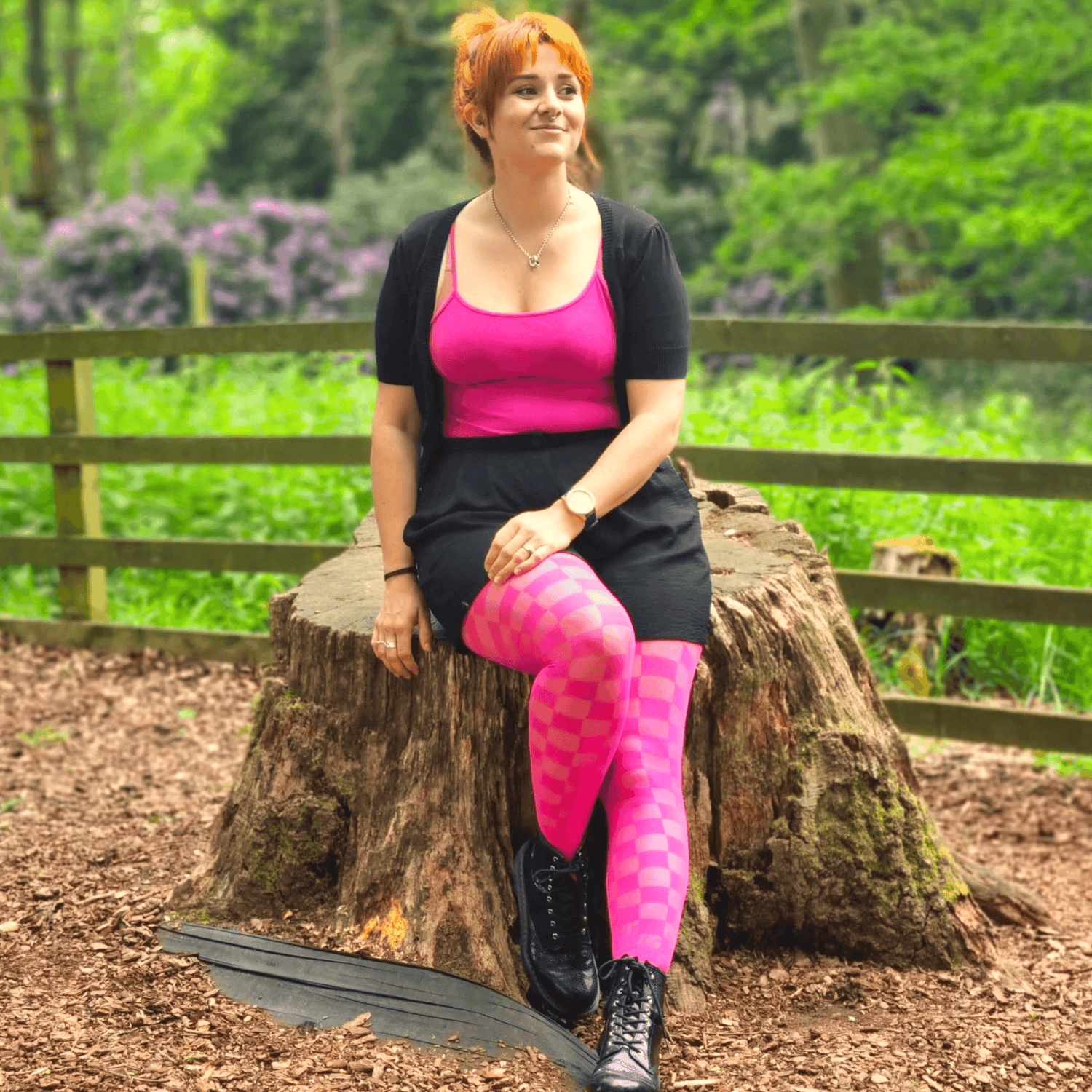 Woman wearing red checkboard racy tights